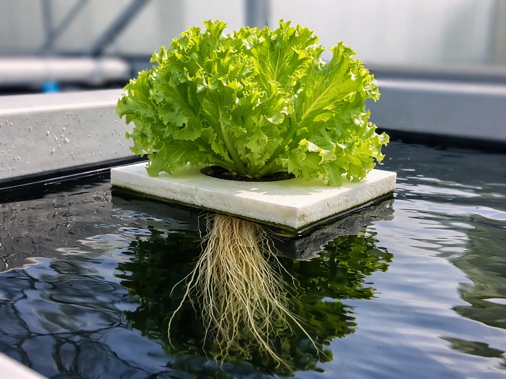 Hydroponic lettuce floating above nutrient water, roots visible in deep water culture setup.