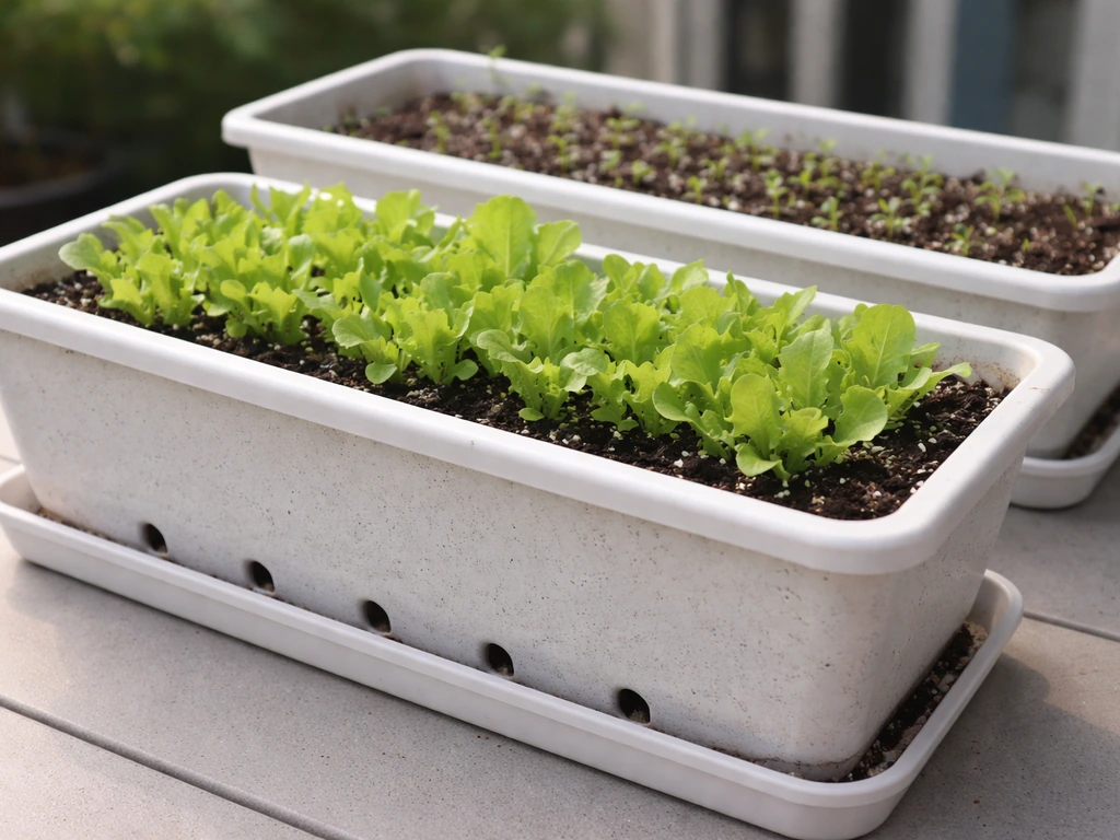 Close-up of shallow lettuce planters with seedlings and visible drainage setup on a patio table.