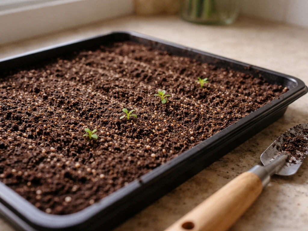 Indoor tray of lettuce seeds and small seedlings in potting mix with thinning tool beside it.