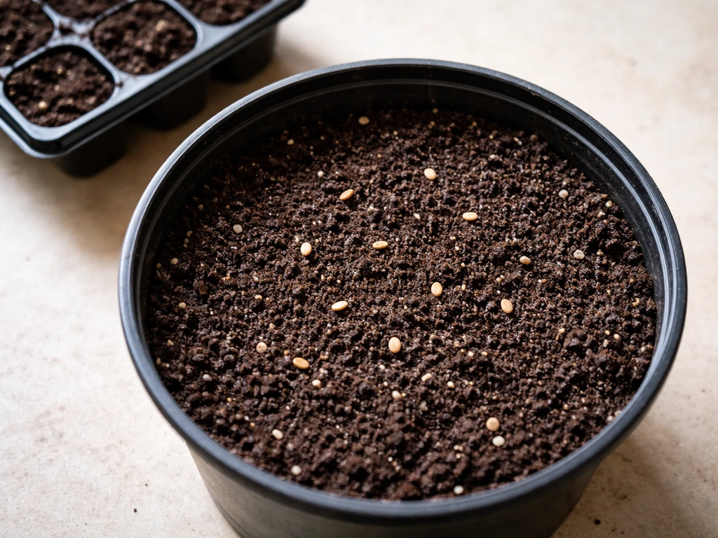 Top-down view of a seed tray with moist potting mix and a few seeds ready to scatter