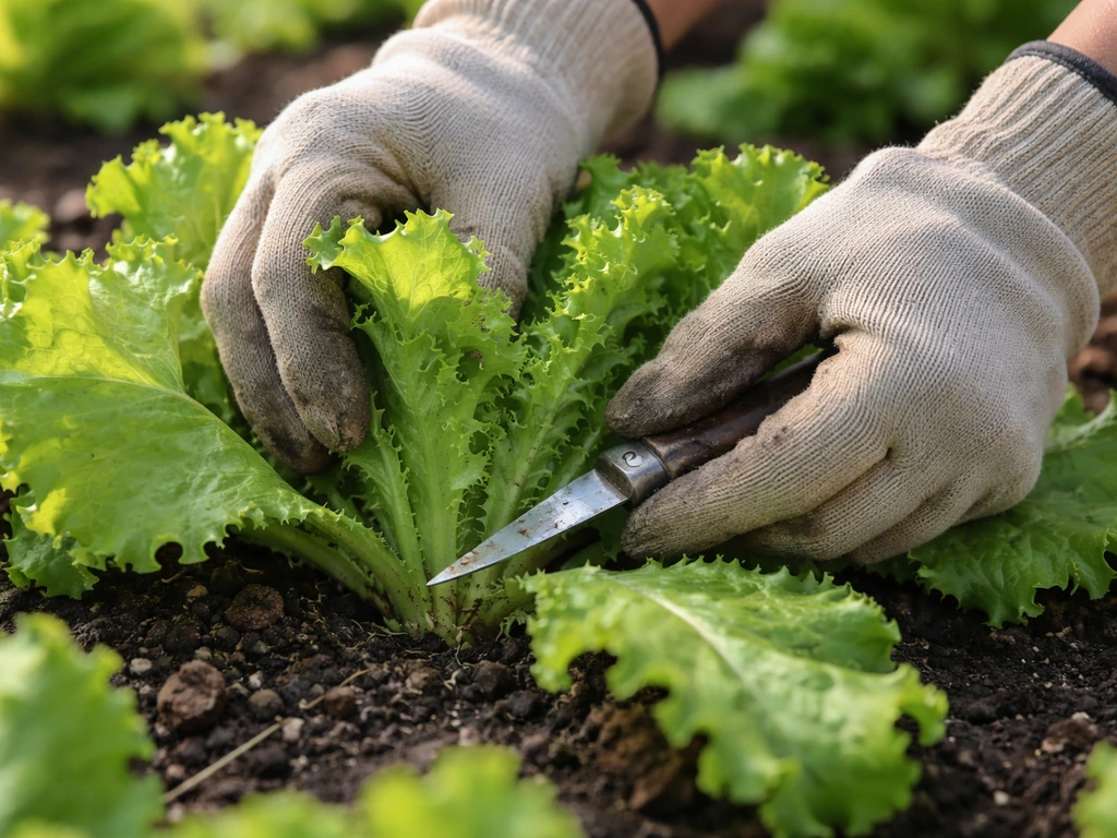 Hands harvesting leaf lettuce by cutting outer leaves while leaving the central growing tip intact
