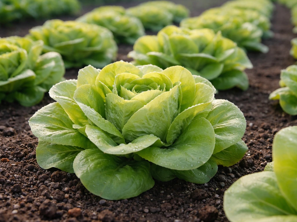 Fresh Bibb lettuce heads in a cool-season garden bed with soil and leaves ready for harvest.