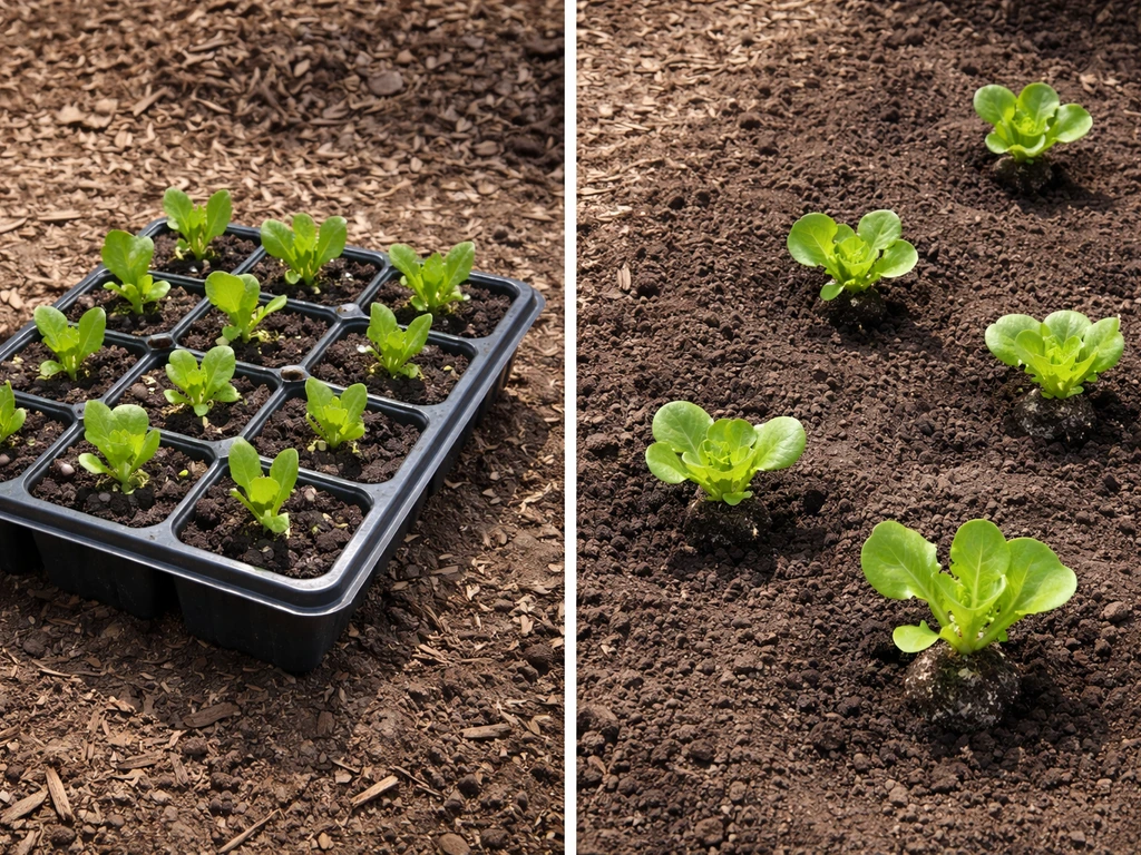 Bibb lettuce seedlings in a tray beside transplanted lettuce in a garden bed, showing different growth stages.