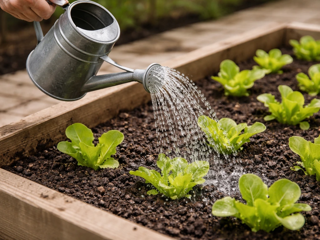 Watering can spout gently watering lettuce seedlings in a small raised bed, soil moist and even.