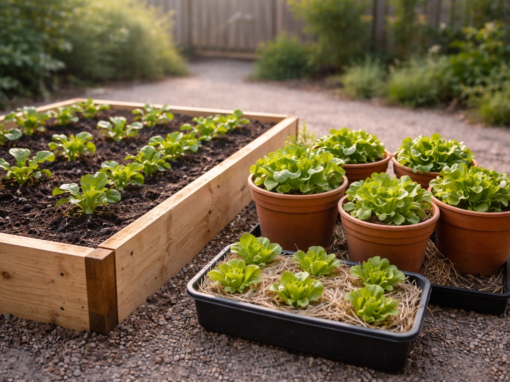 Two adjacent setups: leafy greens in an outdoor garden bed and Bibb-style lettuce in terracotta containers.