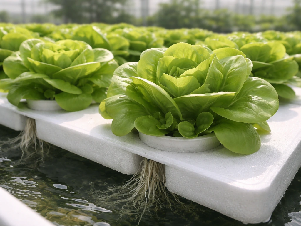 Leafy Bibb lettuce heads growing in a simple hydroponic channel with nutrient-rich water