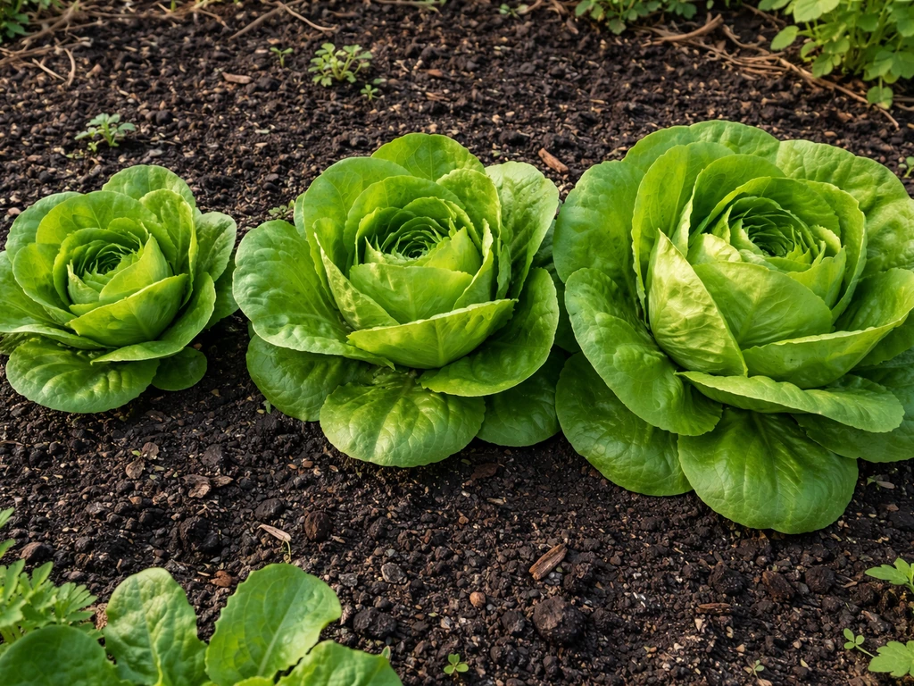 Bibb lettuce heads with cupped leaves forming loose rosette shapes in a small garden bed.