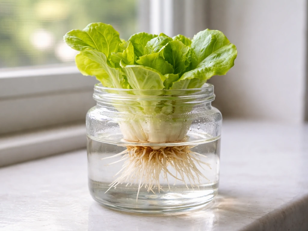Close-up of a butter lettuce crown with short fresh roots regrowing in water on a windowsill
