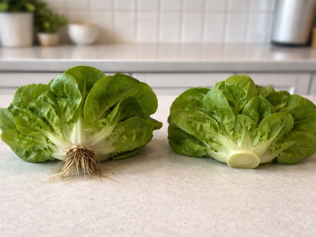 Two butter lettuce setups: one with attached root crown intact, one with crown removed for comparison.