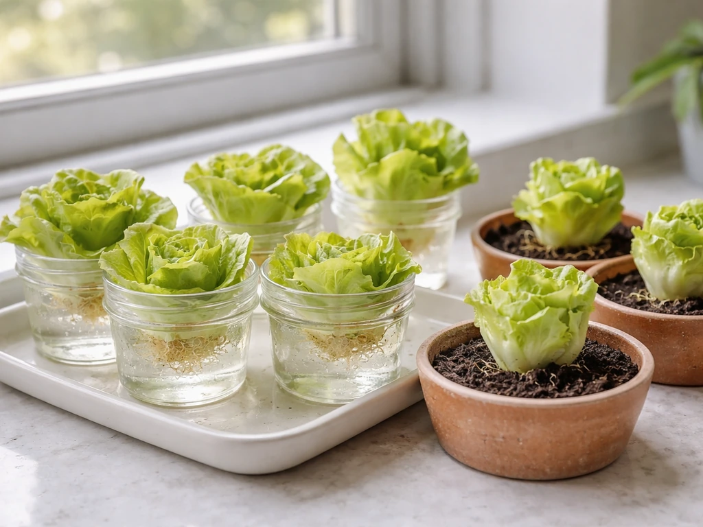 Multiple butter lettuce crowns regrowing indoors with visible base contact in water and/or soil