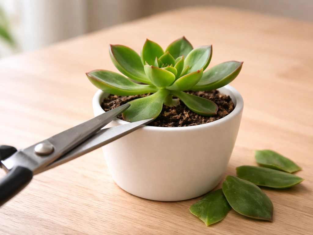 Scissors clipping outer leaves from a small crown plant; fresh green growth visible behind the cut.