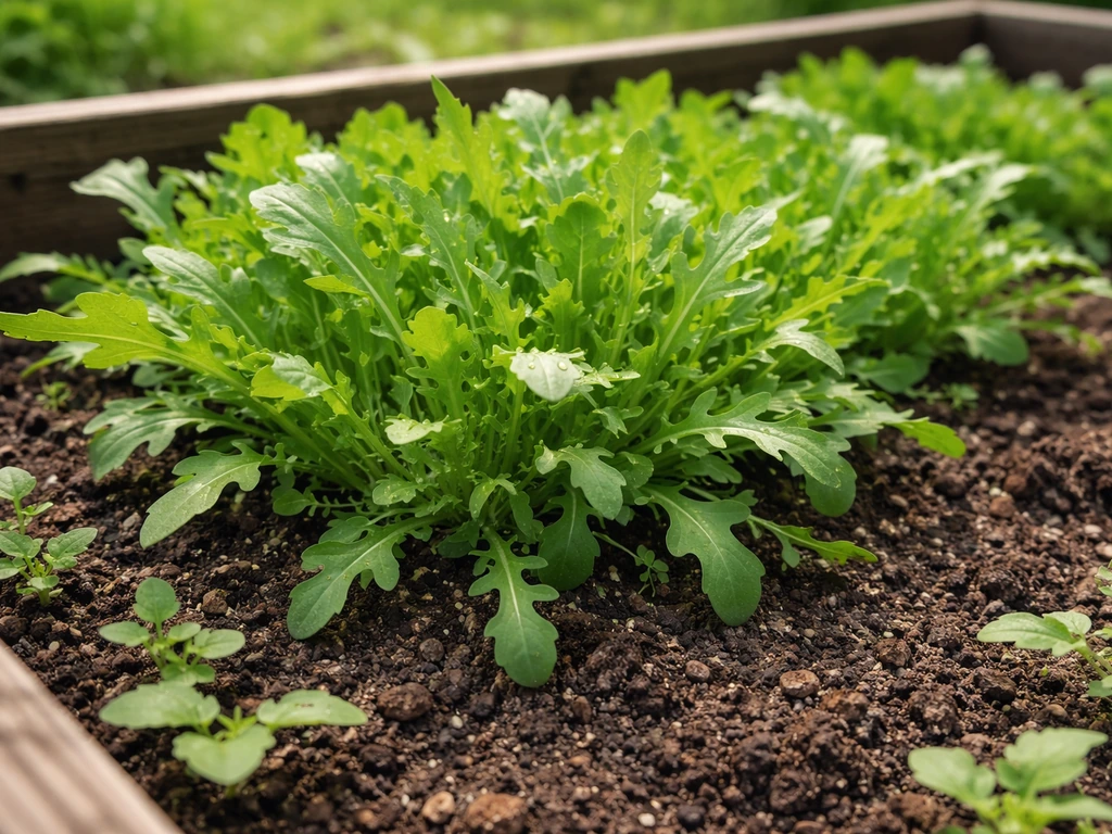 Close-up of rocket lettuce seedlings and freshly cut peppery greens in a shallow raised bed.