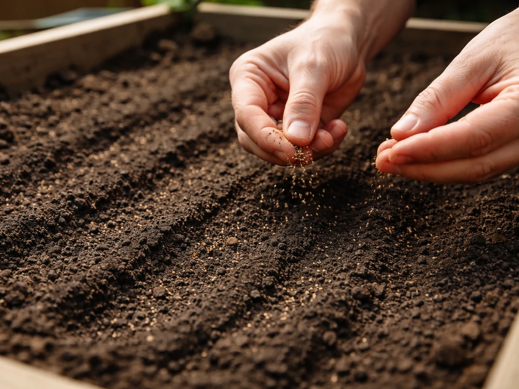 Hands scatter tiny rocket seeds over raked soil in a small container garden.