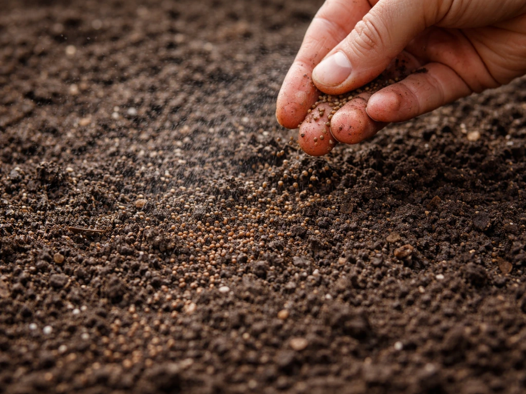 Hand scatters tiny rocket seeds over soil, lightly covered and gently misted with water.