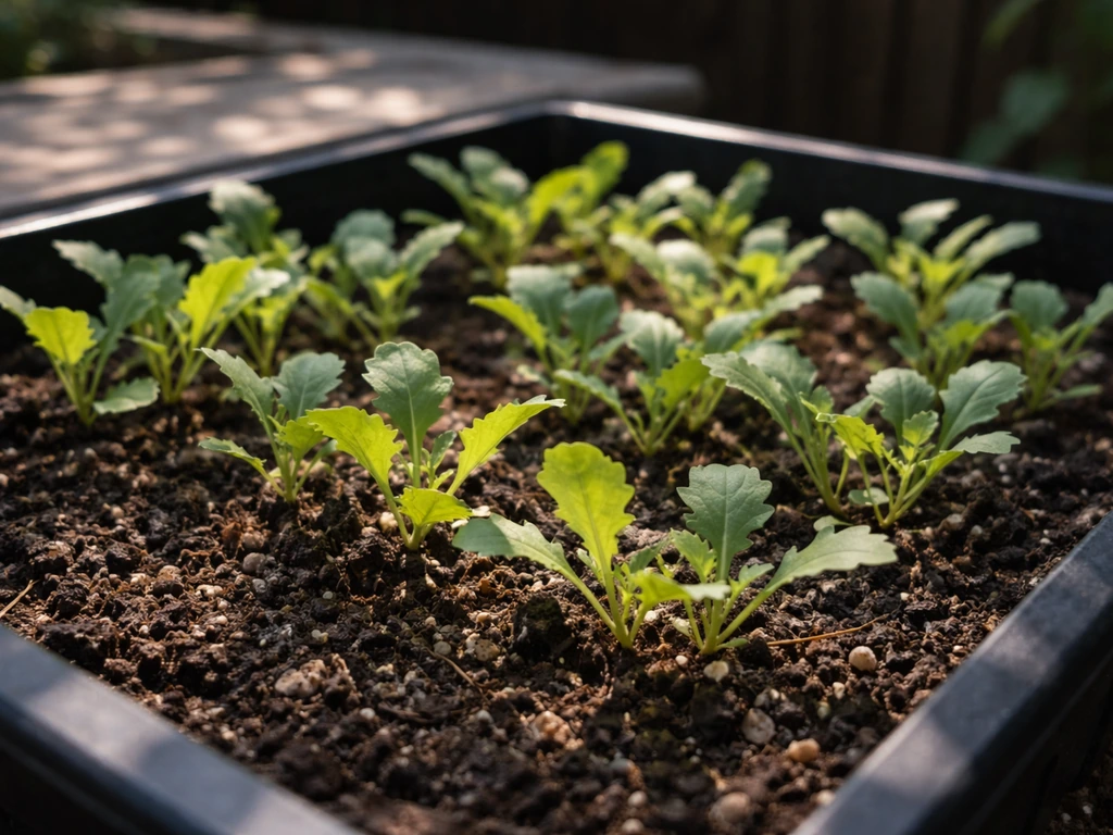 Rocket lettuce seedlings in a garden bed with dappled light showing sun vs shade direction.