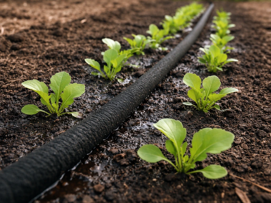 Watering rocket seedlings in an evenly spaced row with a soaker hose, soil evenly moist