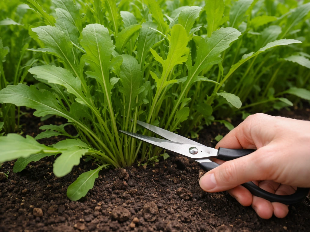 Hands using scissors to cut baby rocket leaves at 4–6 inches with more plants growing nearby.