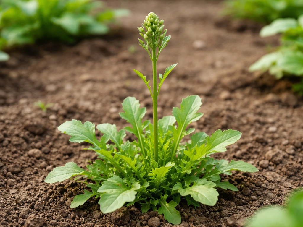 Close view of a rocket plant starting to bolt, with a rising stem and bud above fresh leaves.