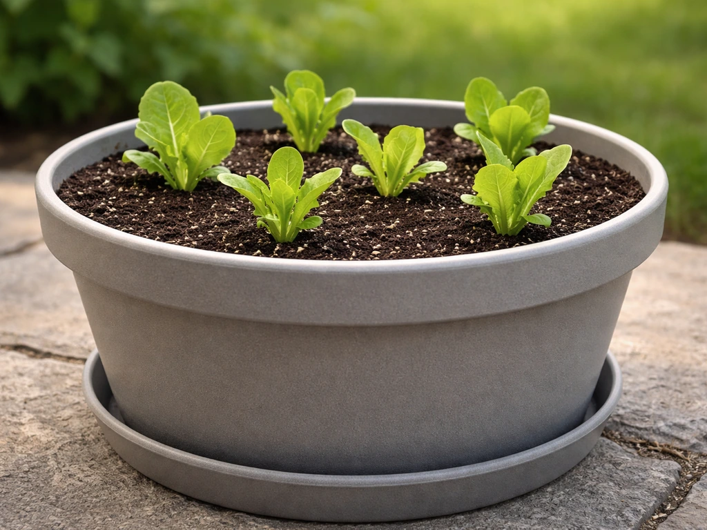 Lettuce seedlings growing in a medium-depth planter, showing proper container depth and drainage.