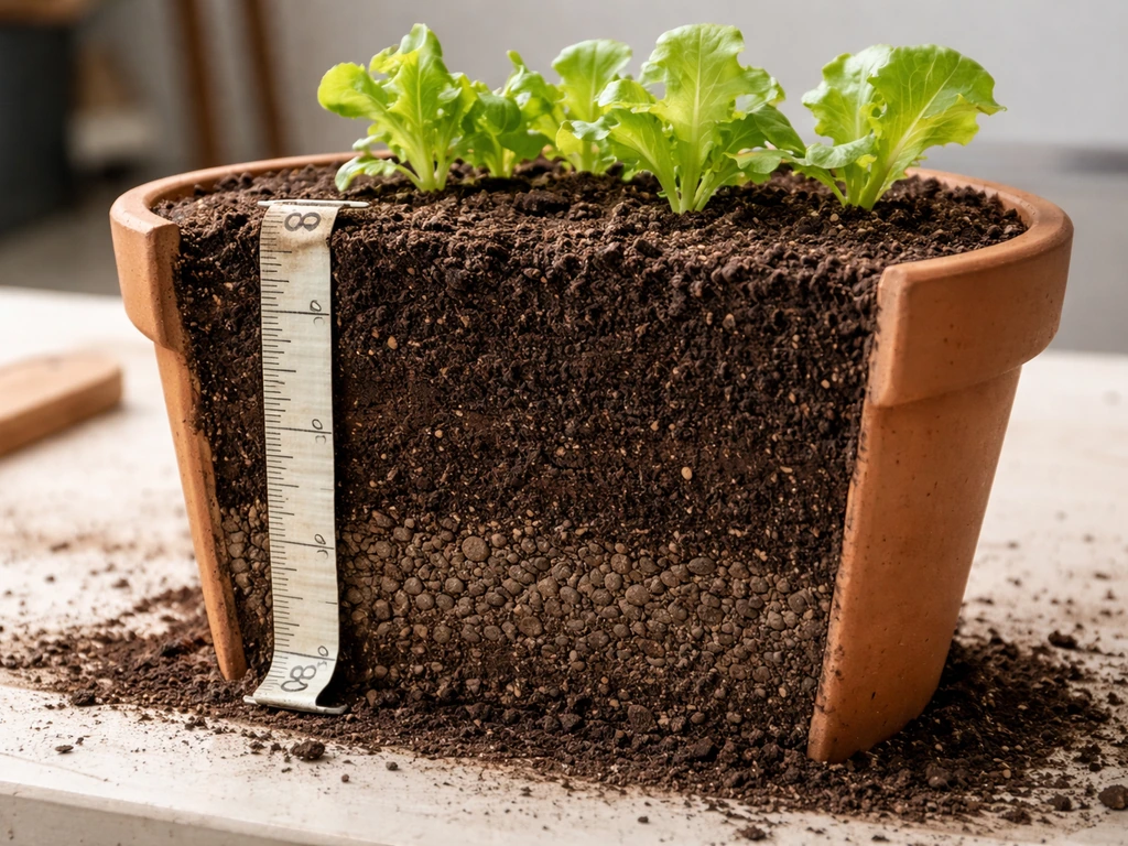 Lettuce container with visible soil cross-section and a measuring tape showing 6–8 inches depth