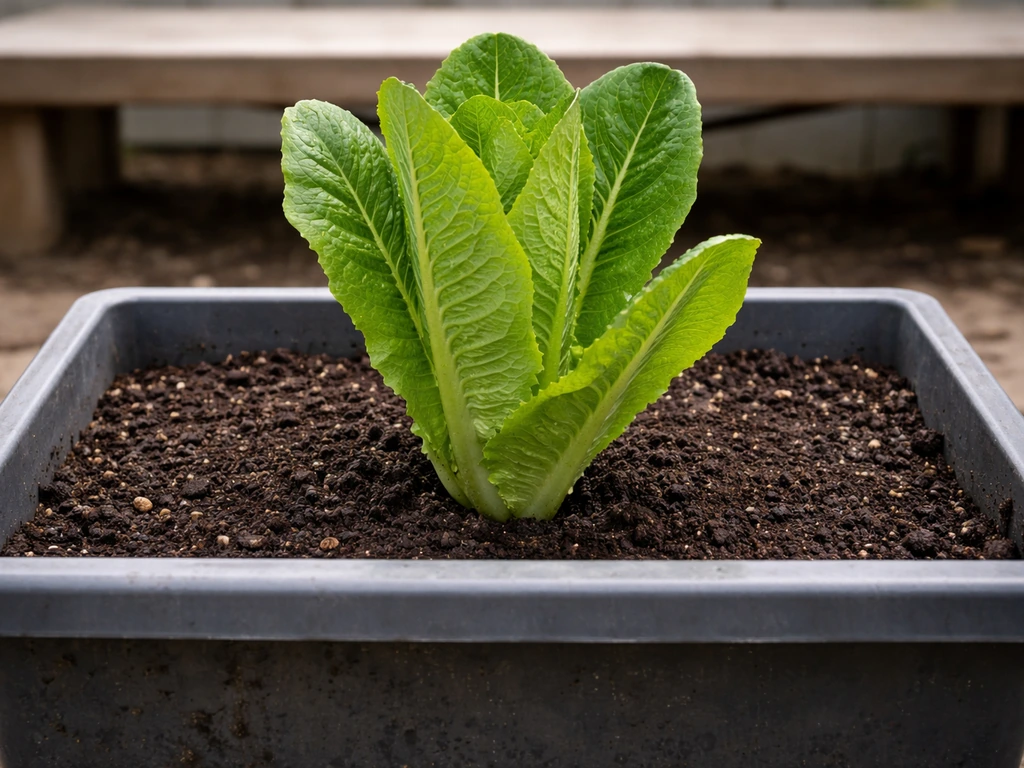 Romaine lettuce upright in a deep planter with visible soil depth showing root zone.