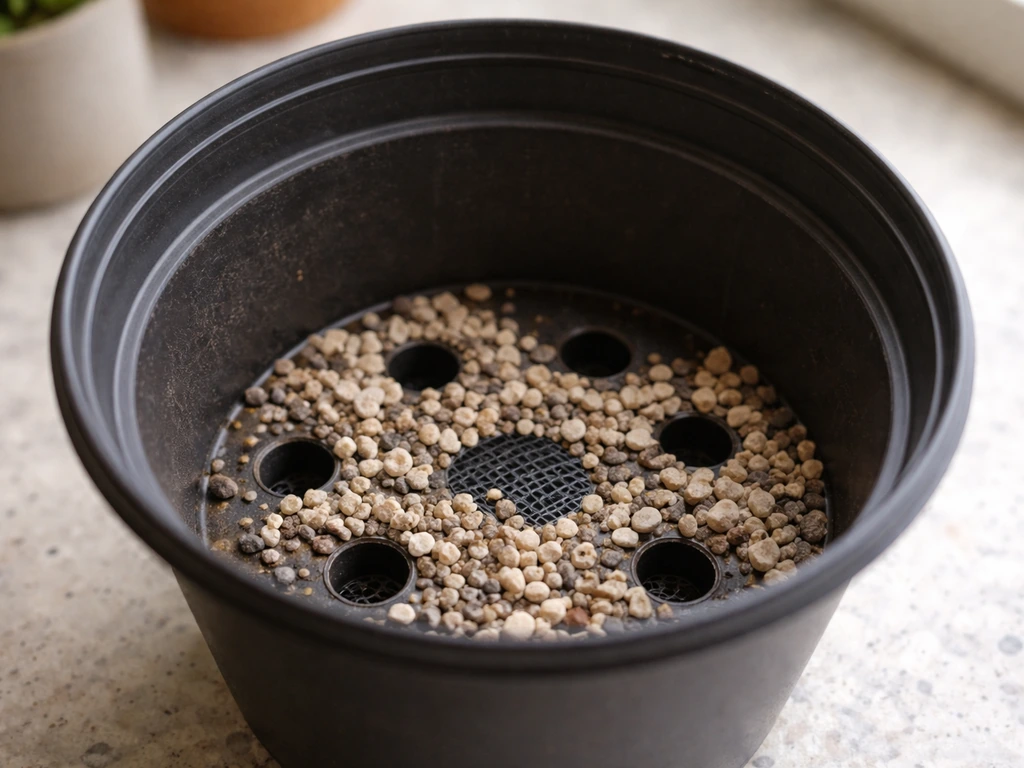 Close-up of a gardening pot base with drainage holes covered by gravel, ready for potting mix.