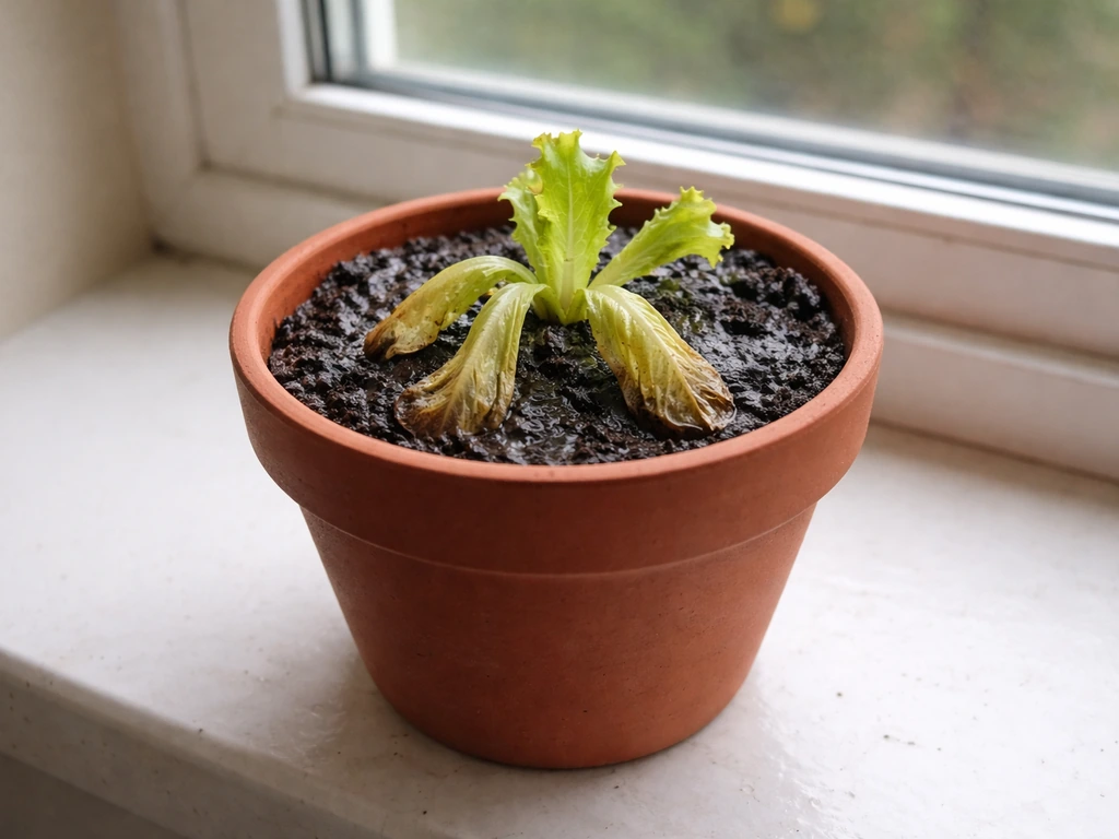 Waterlogged lettuce in a pot with dark wet soil and drooping yellow leaves, showing root-rot conditions.