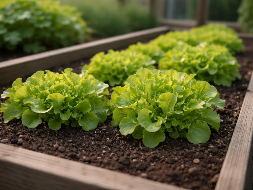 Close, eye-level view of a raised bed with lush loose-leaf lettuce rosettes ready for cut-and-come harvest.