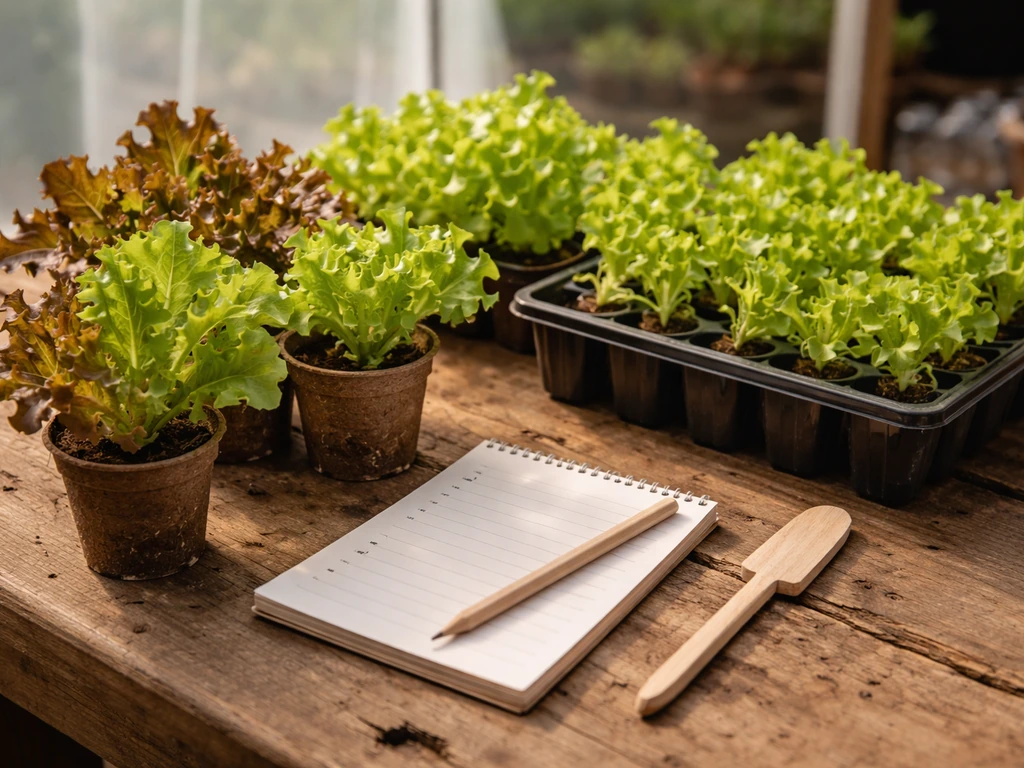 Loose-leaf lettuce seedlings on a wooden table with a blank checklist beside them.