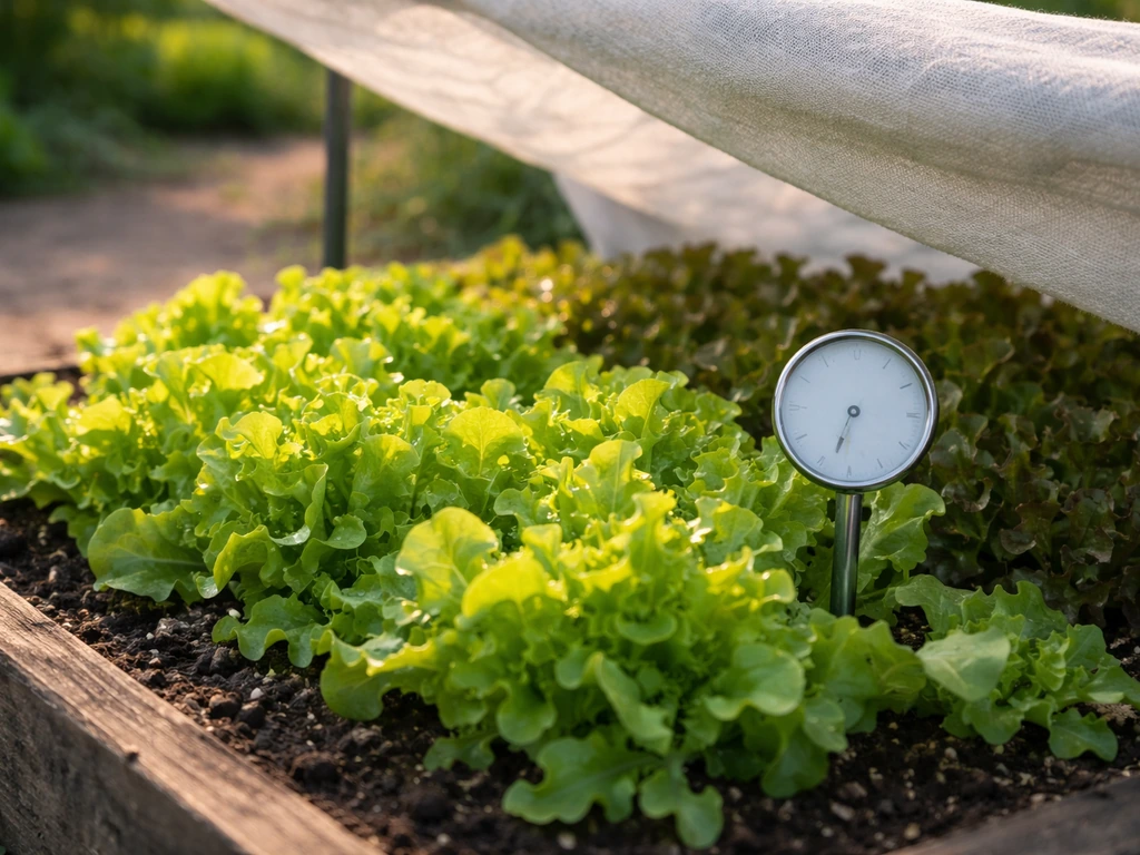 Analog thermometer beside loose-leaf lettuce, split between sun and afternoon shade in a garden bed.