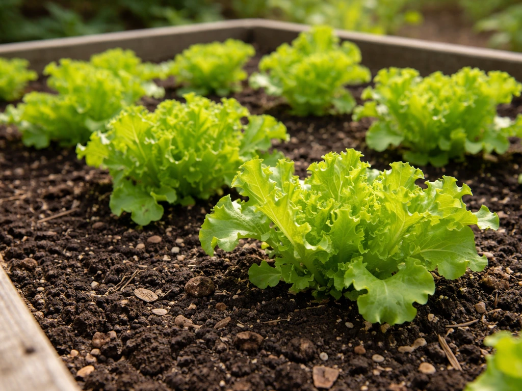 Close-up of loose-leaf lettuce growing in a raised bed with loose, compost-amended soil