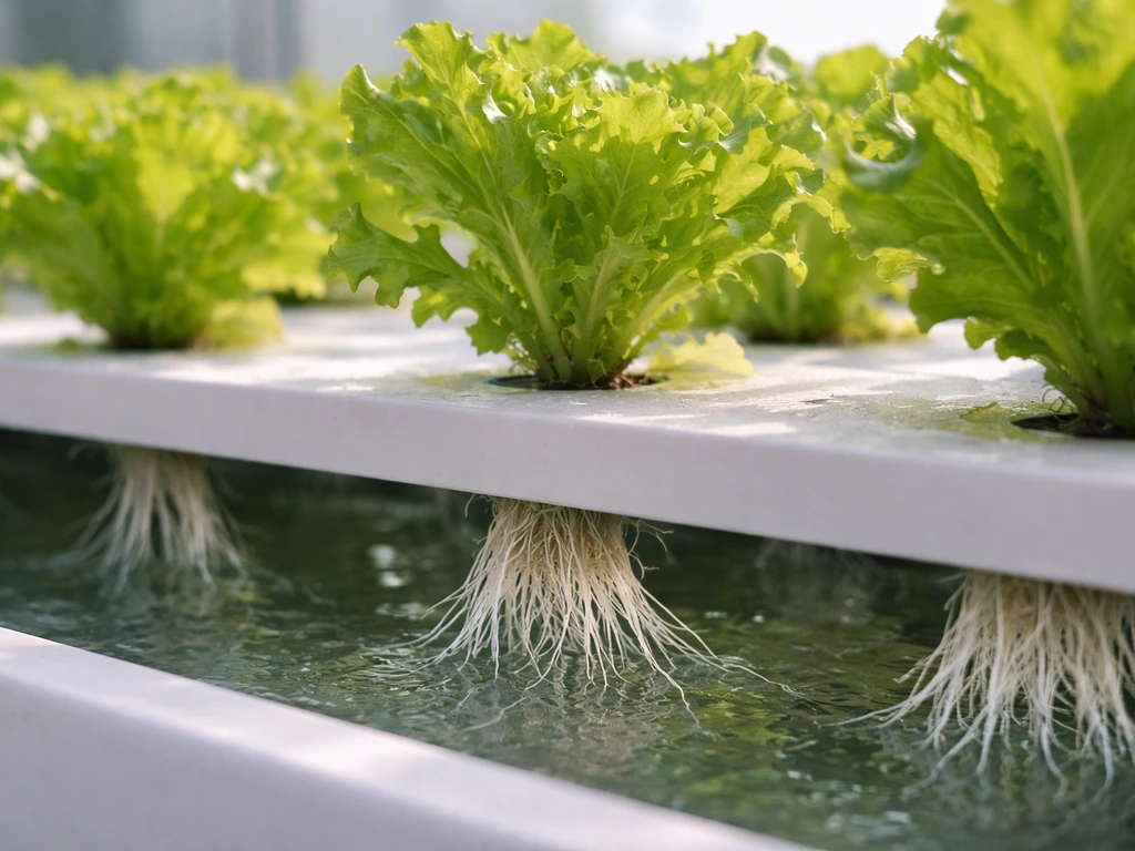 Close-up of loose-leaf lettuce in a hydroponic NFT channel with visible roots in nutrient film.