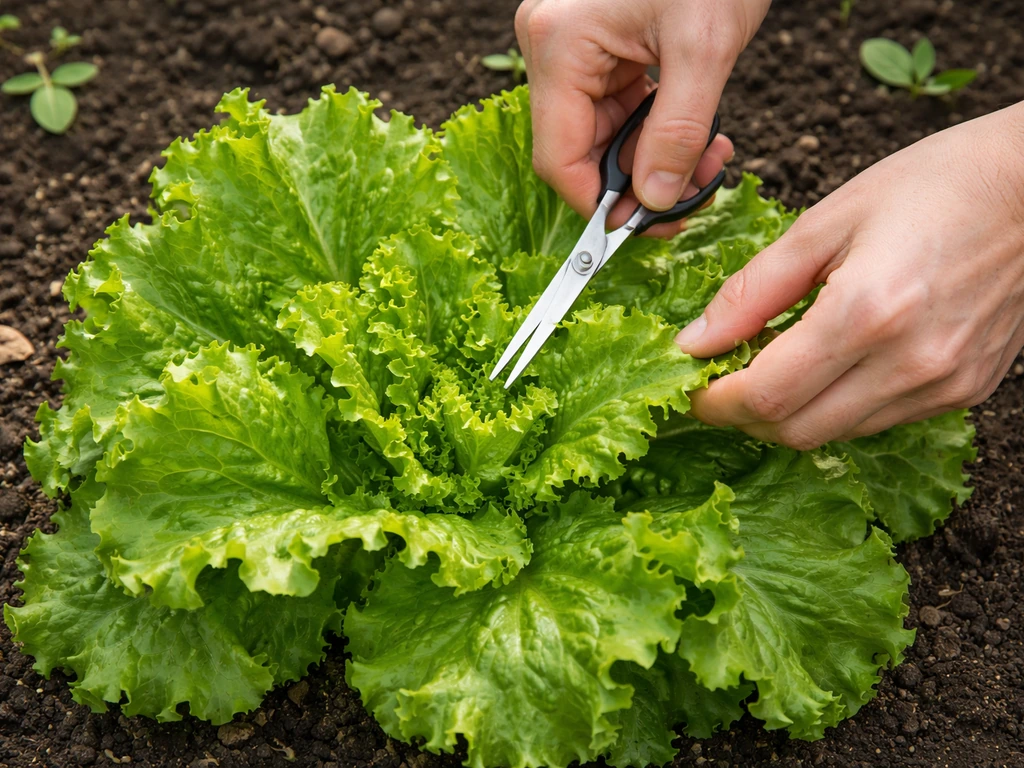 Hands using small scissors to cut outer leaves of loose-leaf lettuce while the center stays intact.
