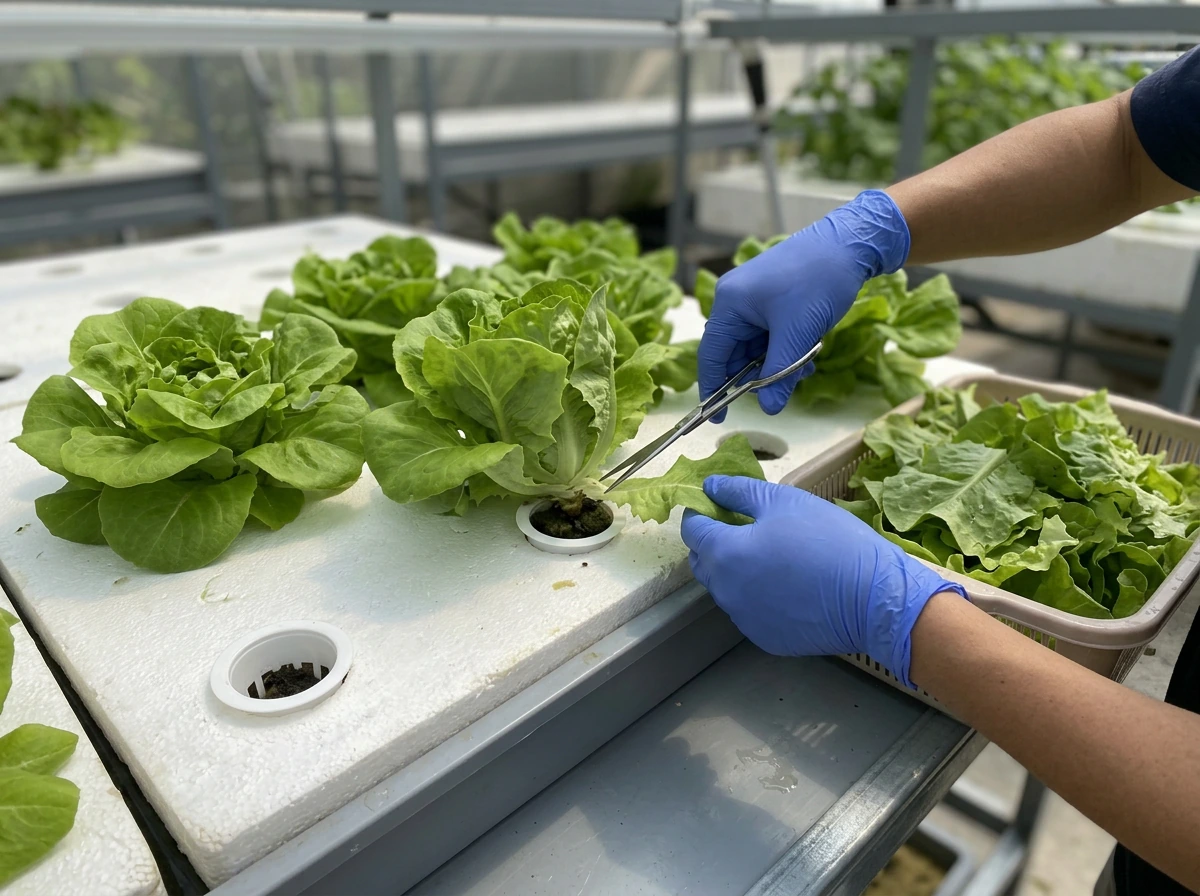 Loose-leaf lettuce with outer leaves harvested from a hydroponic raft