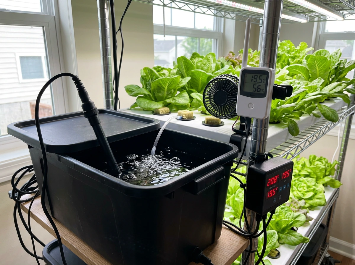 Thermometer reading and water/air temperature setup for hydroponic lettuce