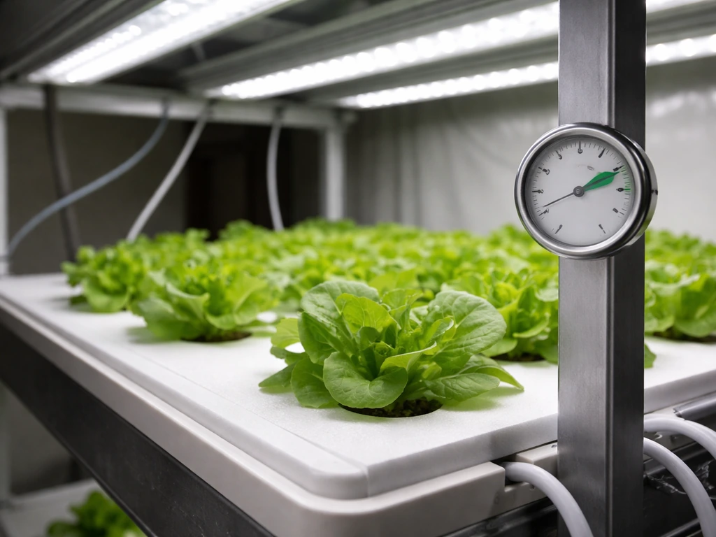Hydroponic lettuce grow setup with lights and a thermometer showing an ideal temperature range
