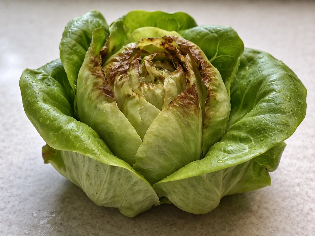 Close-up of butter lettuce with brown papery edges on inner leaves from tip burn.