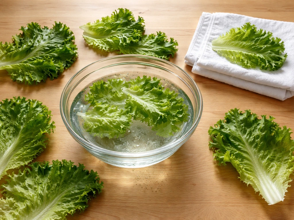 Overhead view of rinsing and drying freshly harvested lettuce with a water bowl and towel.