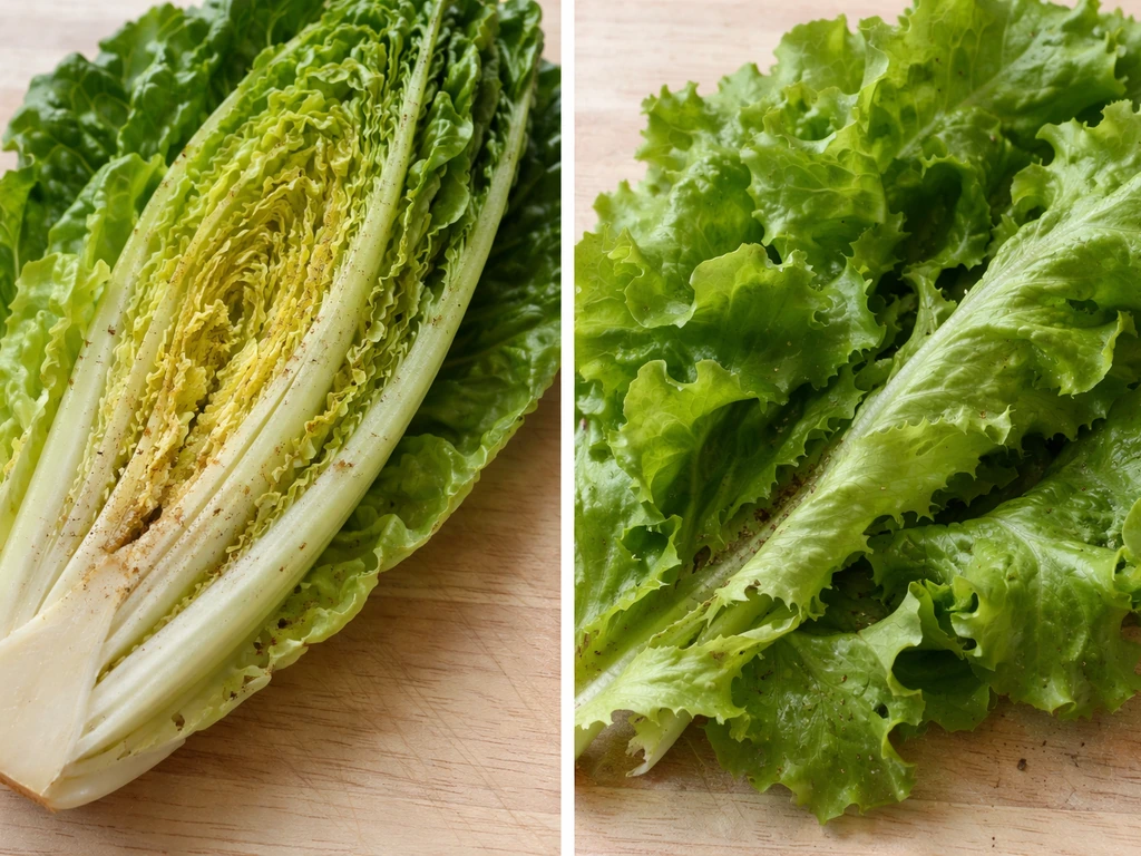 Close-up of two lettuce types on a cutting board, showing where dirt collects in ribs and leaf gaps.