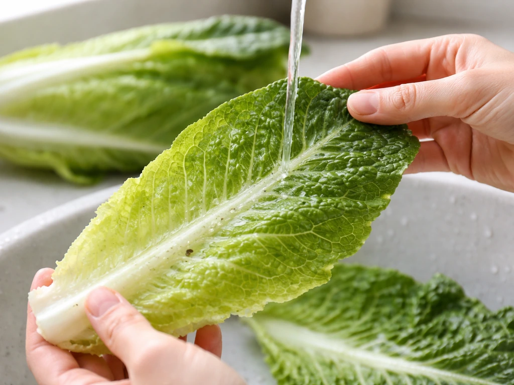 Hand-supported romaine lettuce rinsed over ribs, gently releasing grit without bruising.