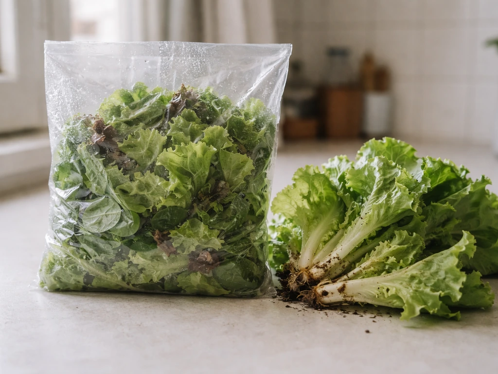 Ready-to-eat bagged lettuce with condensation beside loose unwashed lettuce leaves on a kitchen counter.