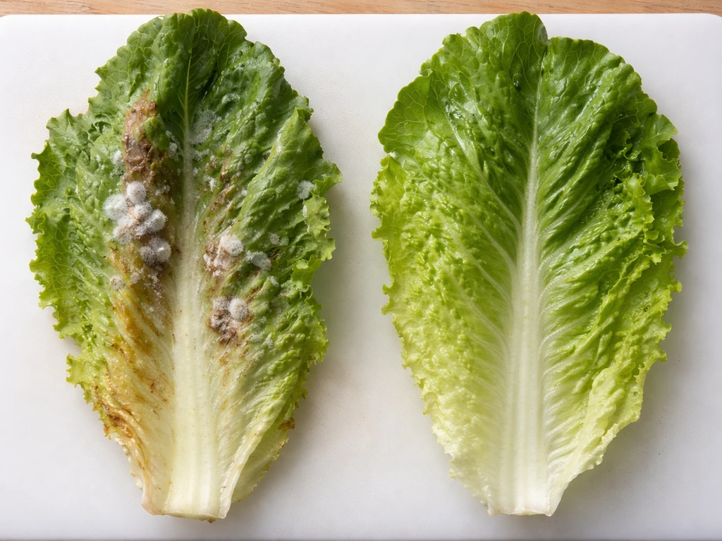Two lettuce leaves side by side: one with fuzzy mold spots, one clean and unaffected.