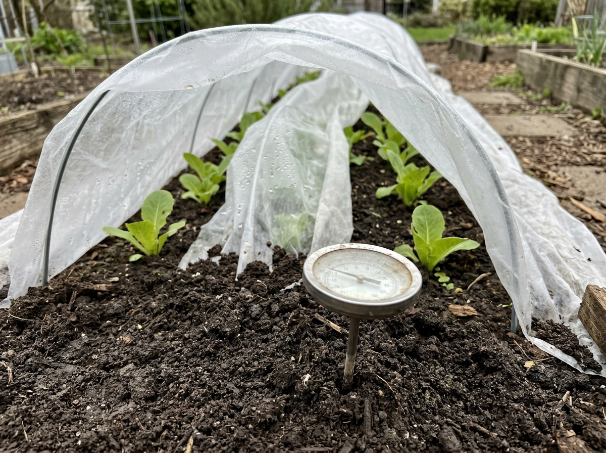 Soil thermometer inserted near lettuce to show temperature impact on growth