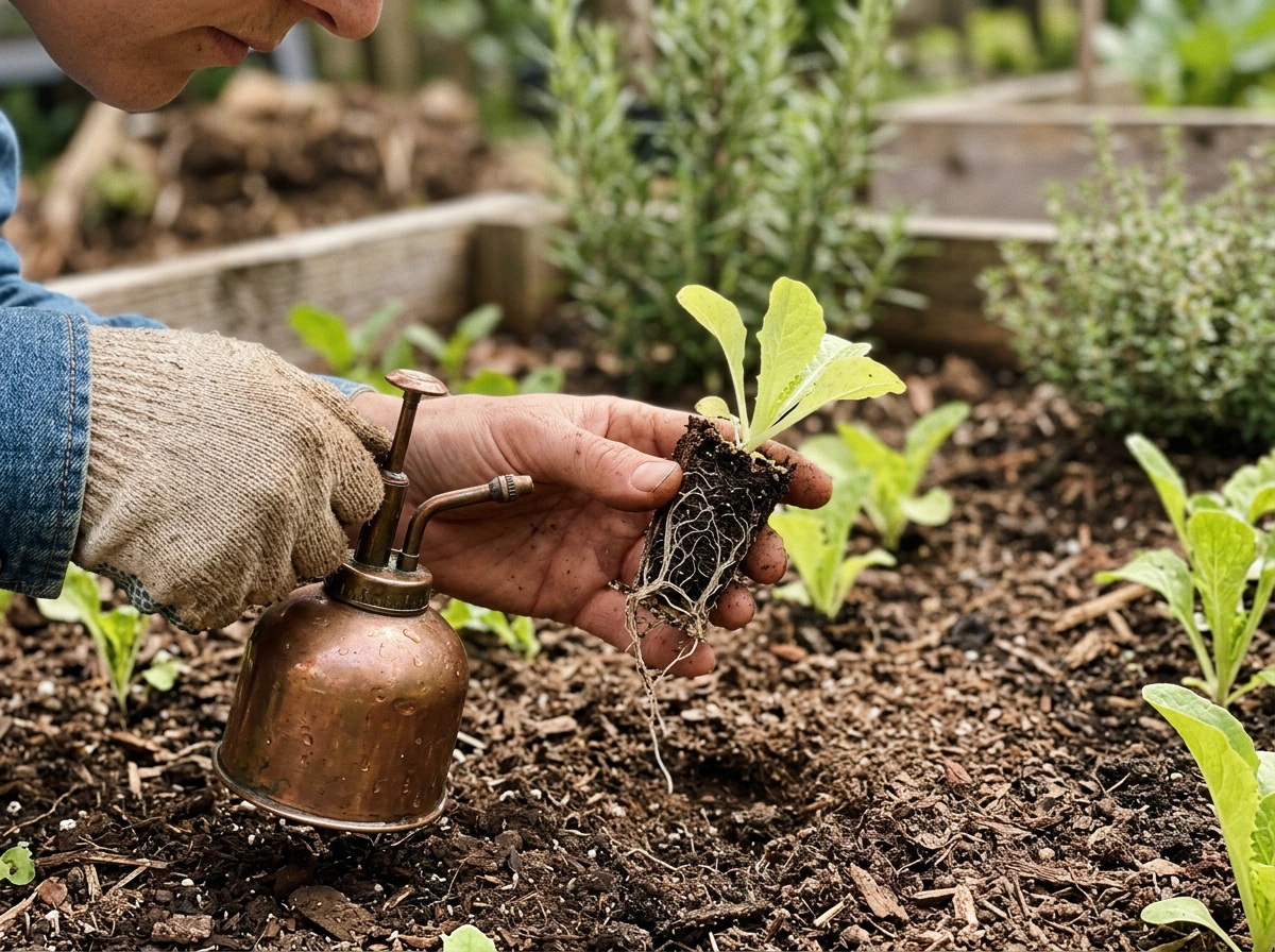 Checking lettuce progress by lifting a seedling to inspect roots and sprout