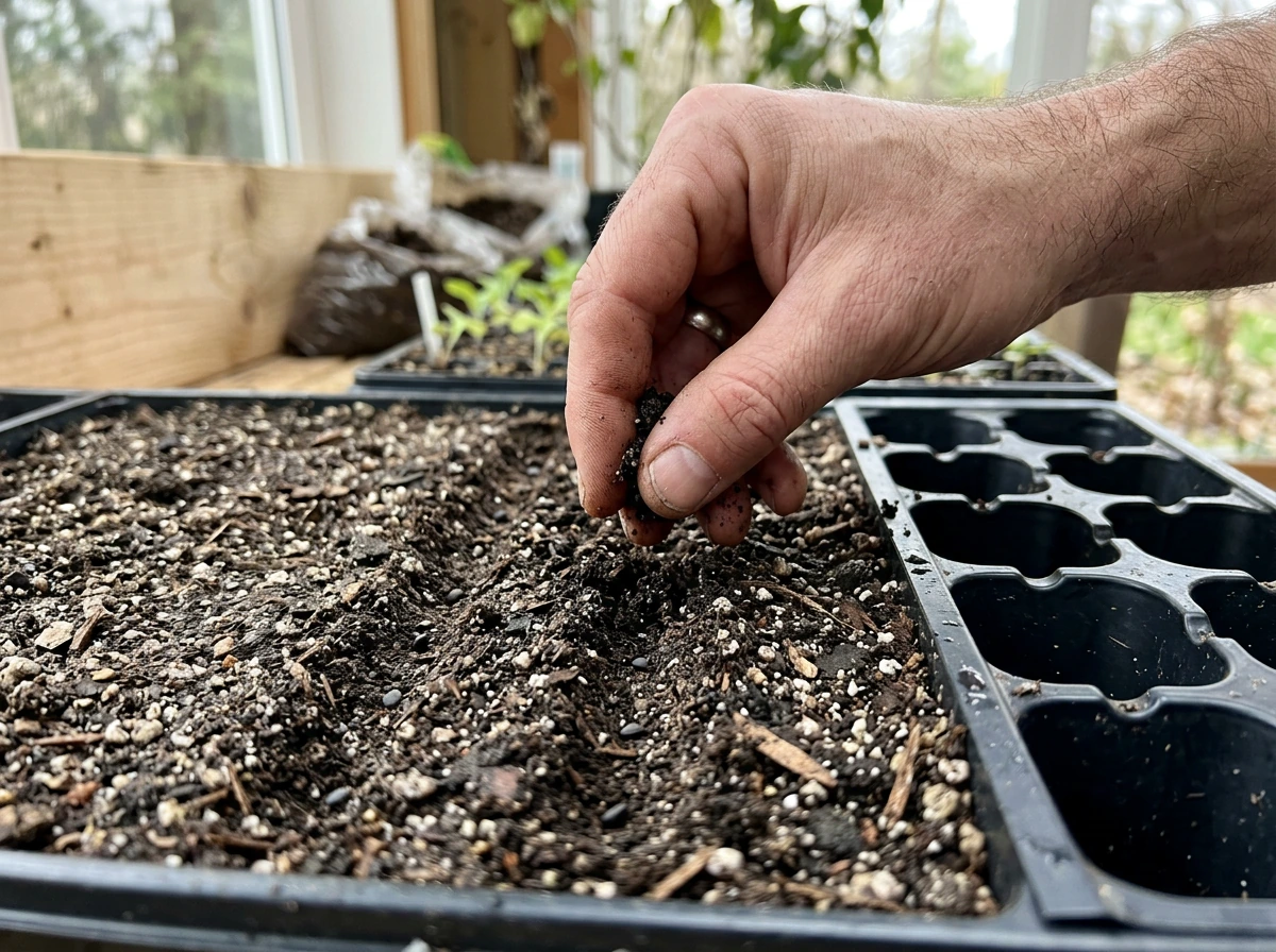 Hand covering red leaf lettuce seeds with a thin layer of soil mix