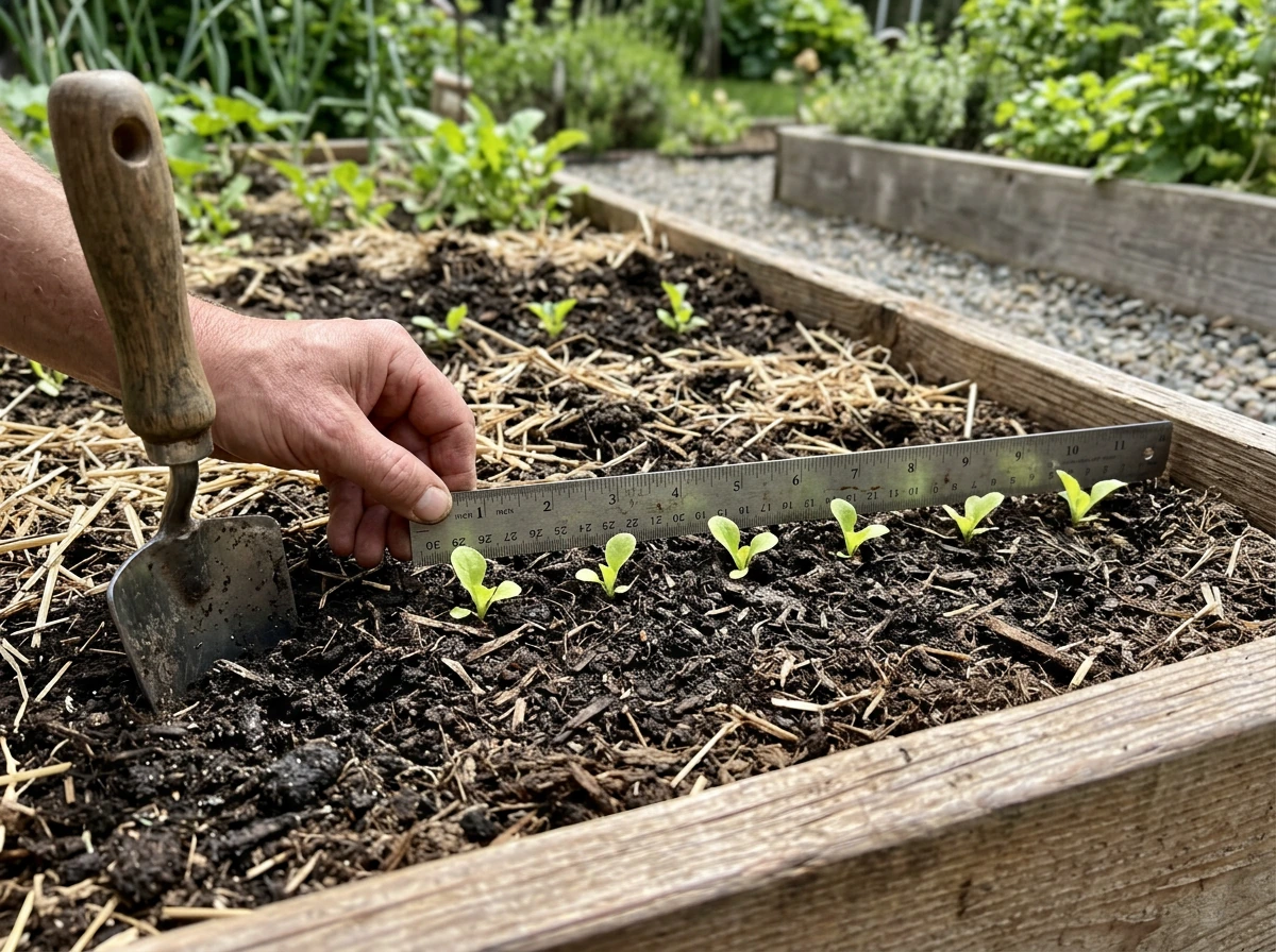 Raised garden bed with compost mixed in and lettuce seedlings spaced in rows