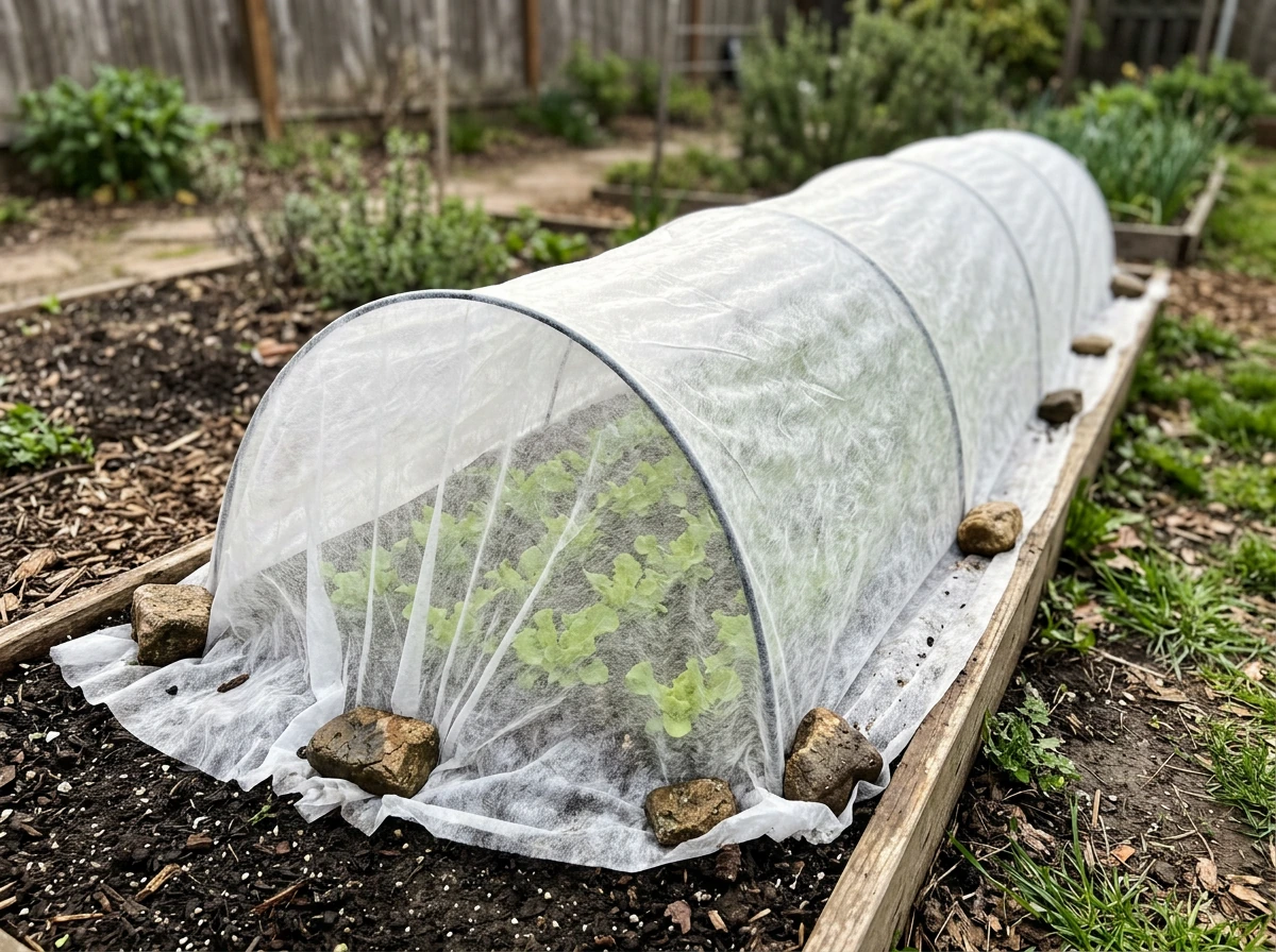 Row cover placed over young lettuce seedlings to protect from cold and pests