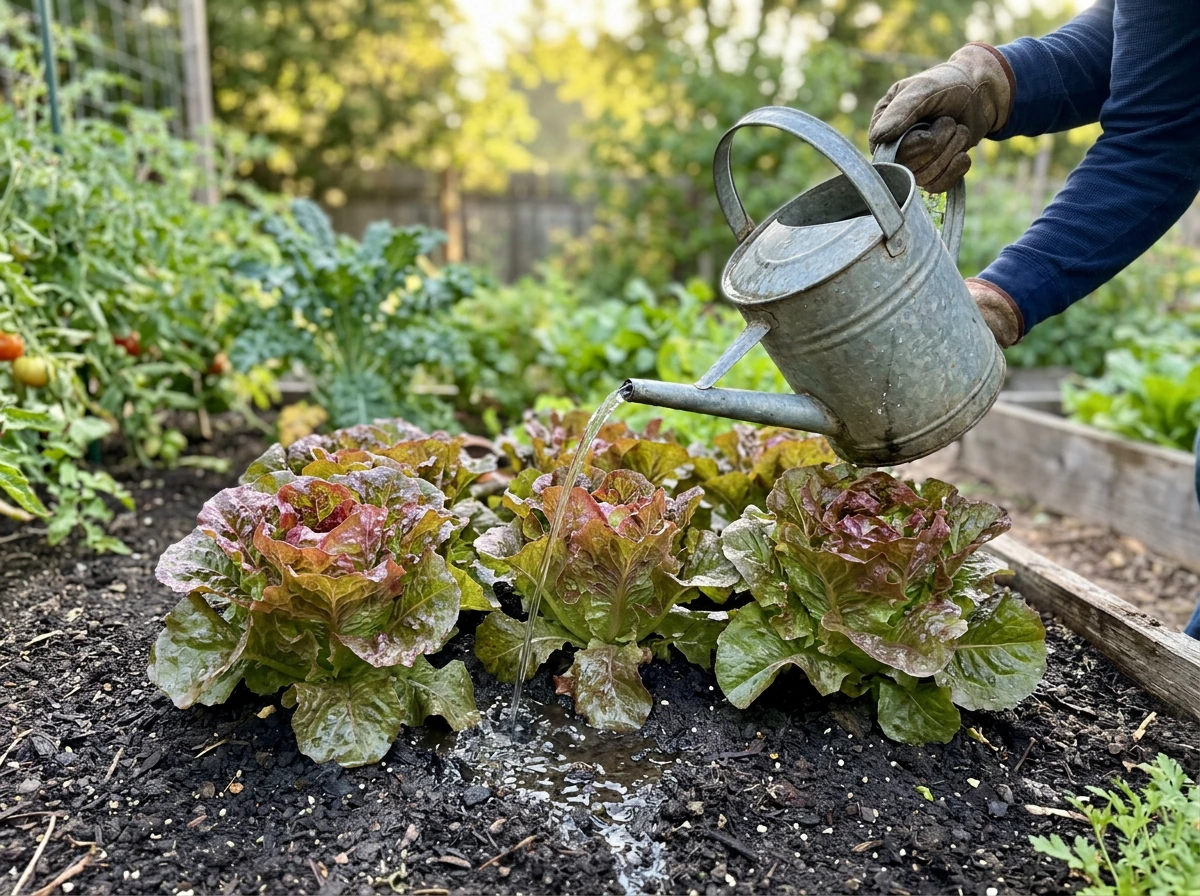 Watering red leaf lettuce at the soil level for consistent moisture