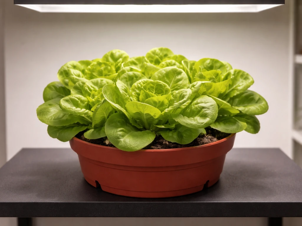 Healthy butter lettuce heads growing in an indoor pot under a grow light.