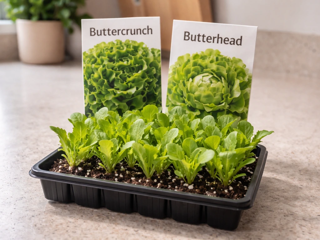 Seed packets beside a small tray of butterhead/buttercrunch seedlings on a kitchen counter.